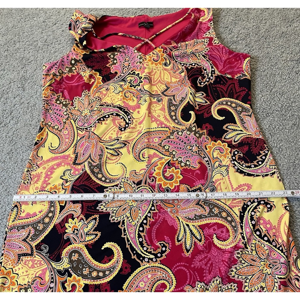 90s R&K Paisley Shift Mini Dress Sz 16P Fuchsia Yellow Crisscross Strap Colorful - Picture 9 of 13